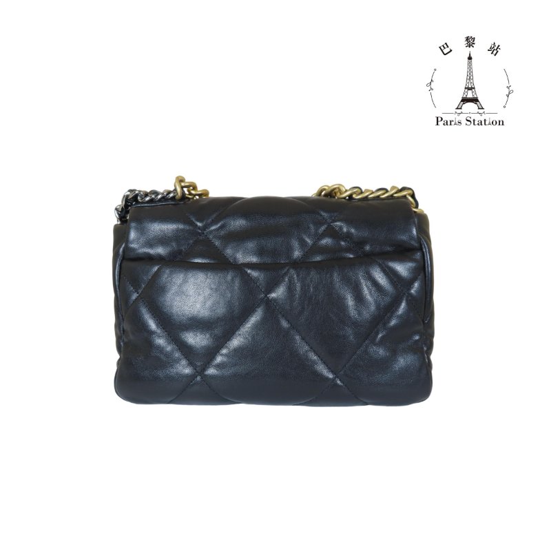 【巴黎站二手名牌專賣店】*現貨*CHANEL 香奈兒 真品*黑色菱格紋皮革19系列金釦26手提斜背包-1