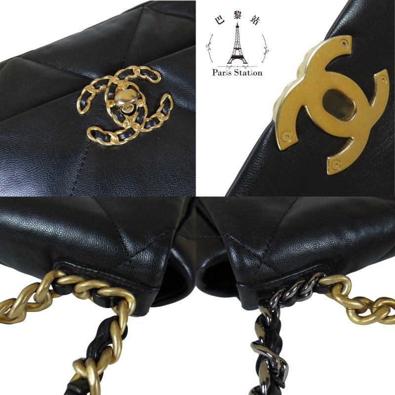 【巴黎站二手名牌專賣店】*現貨*CHANEL 香奈兒 真品*黑色菱格紋皮革19系列金釦26手提斜背包-5