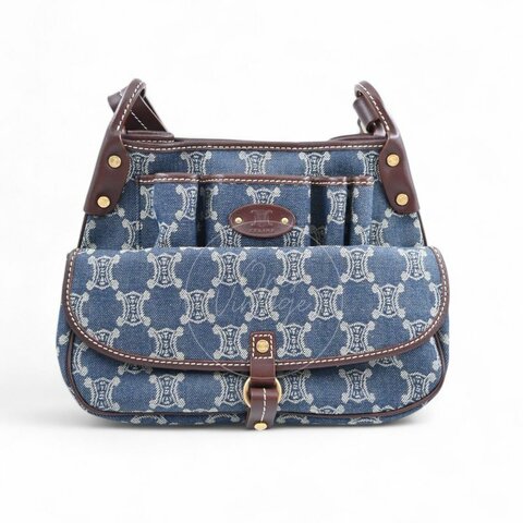 中古 Celine 賽琳 藍色牛仔布 Macadam 經典老花圖案 肩背包