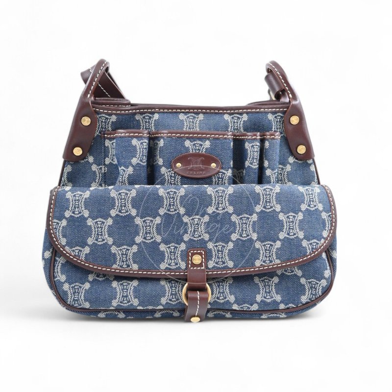 中古 Celine 賽琳 藍色牛仔布 Macadam 經典老花圖案 肩背包-0