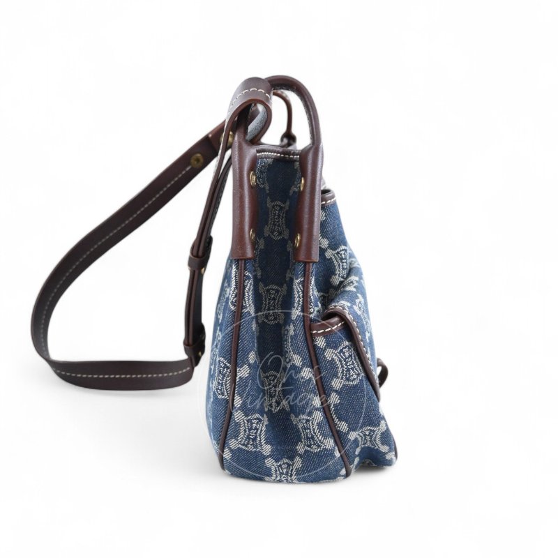 中古 Celine 賽琳 藍色牛仔布 Macadam 經典老花圖案 肩背包-2