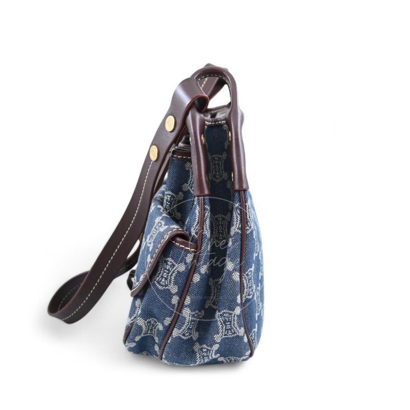 中古 Celine 賽琳 藍色牛仔布 Macadam 經典老花圖案 肩背包-3