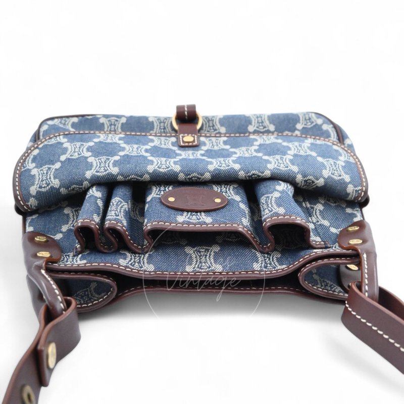 中古 Celine 賽琳 藍色牛仔布 Macadam 經典老花圖案 肩背包-4