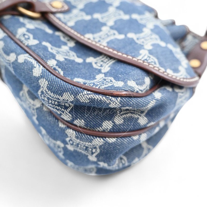 中古 Celine 賽琳 藍色牛仔布 Macadam 經典老花圖案 肩背包-8