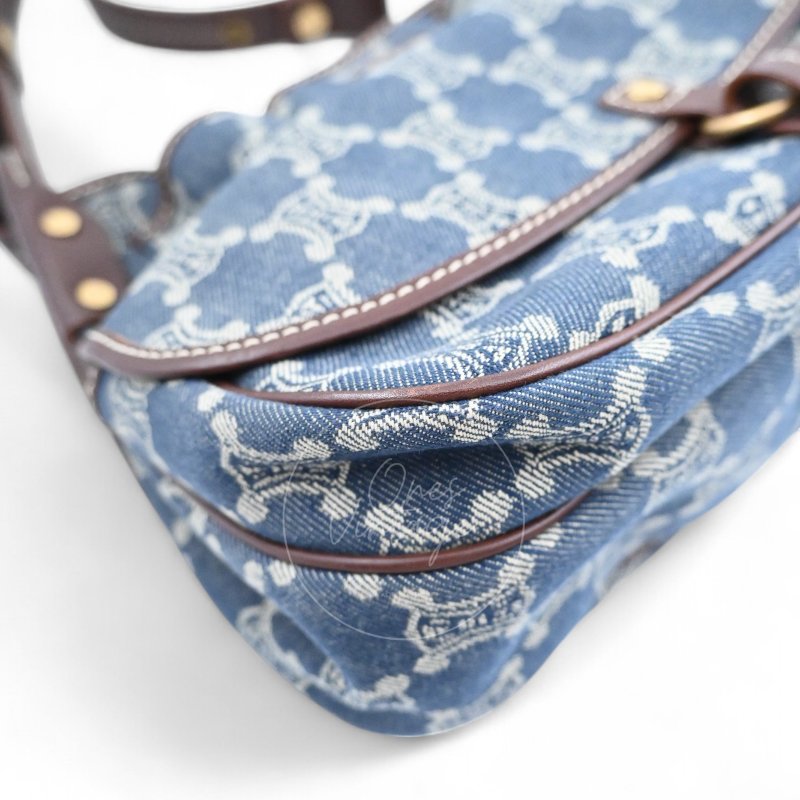 中古 Celine 賽琳 藍色牛仔布 Macadam 經典老花圖案 肩背包-9