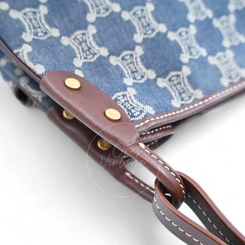 中古 Celine 賽琳 藍色牛仔布 Macadam 經典老花圖案 肩背包-10