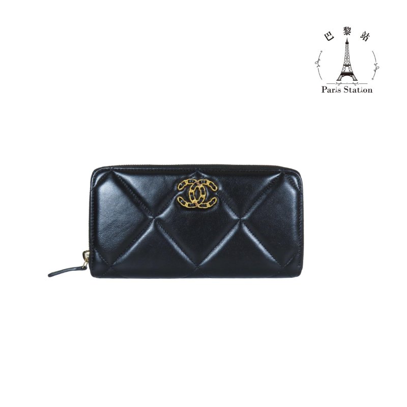 【巴黎站二手名牌專賣店】＊現貨＊CHANEL 香奈兒 真品＊19系列 黑色羊皮大菱格紋拉鍊長夾-0