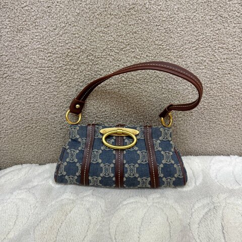 中古 Celine 賽琳 古巴黎凱旋門Macadam 老花圖案 牛仔布材質 肩背包