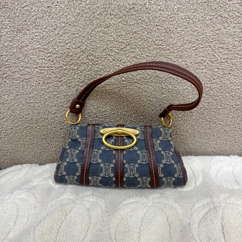 中古 Celine 賽琳 古巴黎凱旋門Macadam 老花圖案 牛仔布材質 肩背包-0
