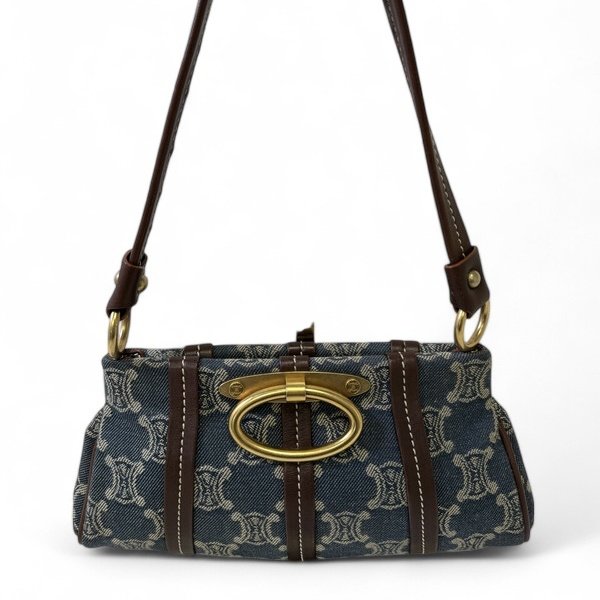中古 Celine 賽琳 古巴黎凱旋門Macadam 老花圖案 牛仔布材質 肩背包-1