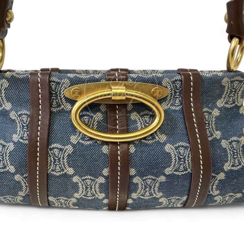 中古 Celine 賽琳 古巴黎凱旋門Macadam 老花圖案 牛仔布材質 肩背包-4