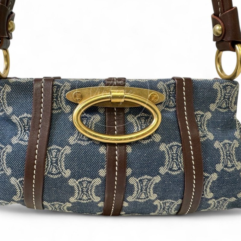 中古 Celine 賽琳 古巴黎凱旋門Macadam 老花圖案 牛仔布材質 肩背包-5