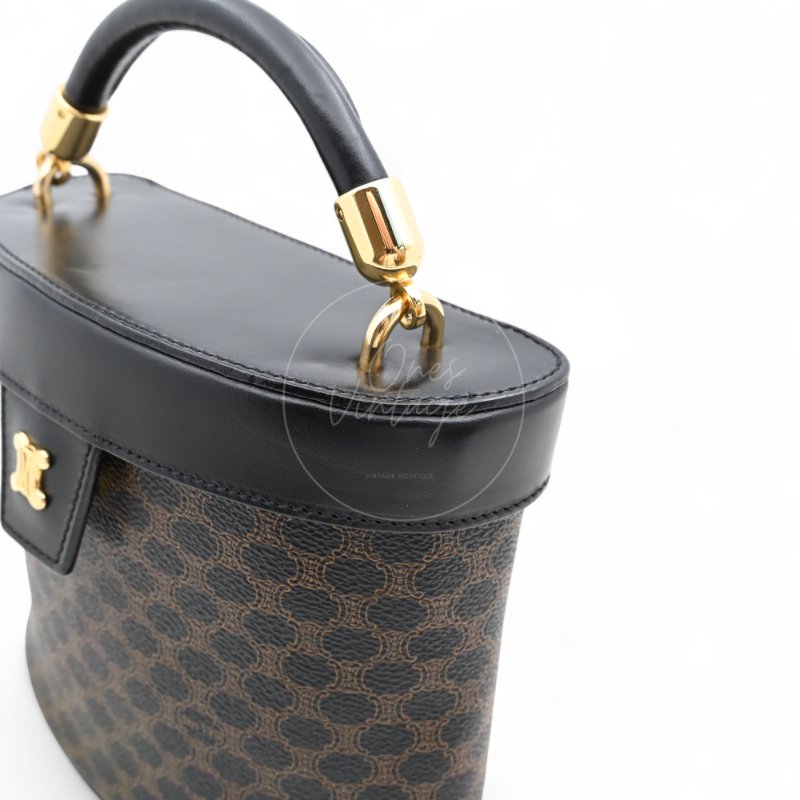 中古 Celine 賽琳 復古黑色 Macadam老花圖案 小手袋 化妝箱-10