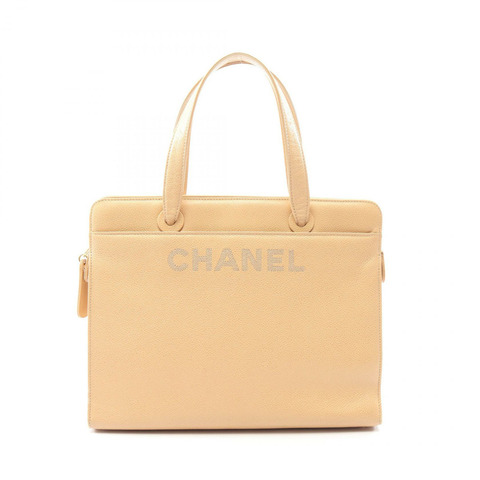香奈兒 (CHANEL) Logo 手提包，粒面小牛皮，米色，二手，女士，金色五金，CC Coco