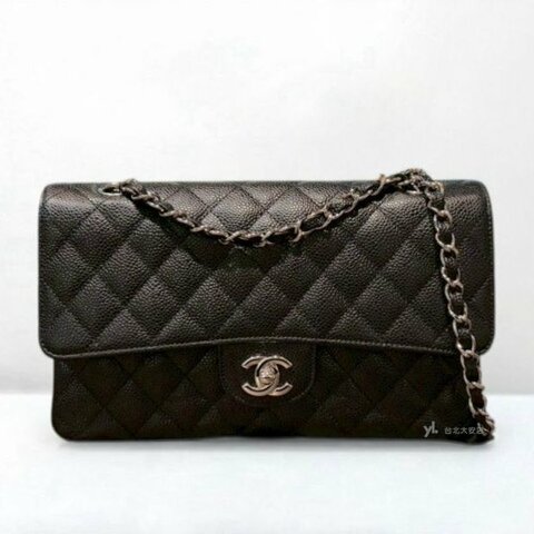 A13042-Chanel CF25黑色荔枝牛皮菱格紋銀釦coco25 口蓋包/A01112