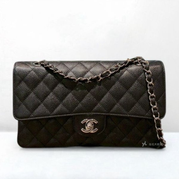 A13042-Chanel CF25黑色荔枝牛皮菱格紋銀釦coco25 口蓋包/A01112-0