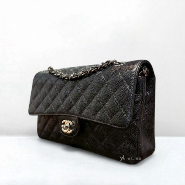A13042-Chanel CF25黑色荔枝牛皮菱格紋銀釦coco25 口蓋包/A01112-1