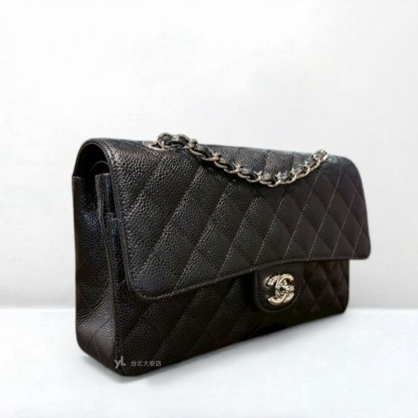 A13042-Chanel CF25黑色荔枝牛皮菱格紋銀釦coco25 口蓋包/A01112-2