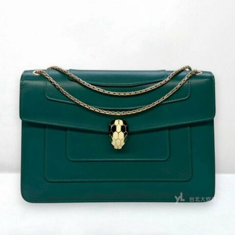 A13021-BVLGARI Serpenti Forever 祖母綠牛皮蛇頭下蓋包