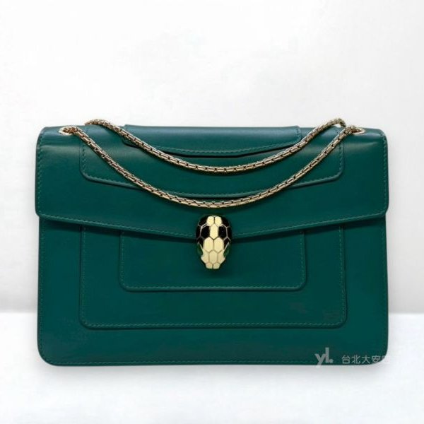 A13021-BVLGARI Serpenti Forever 祖母綠牛皮蛇頭下蓋包-0