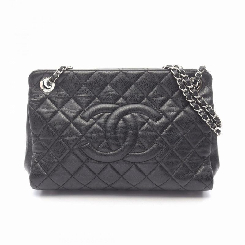 香奈兒 (CHANEL) Matelasse 鏈條肩背包,粒面小牛皮,黑色,二手,銀色五金配件,CC-0