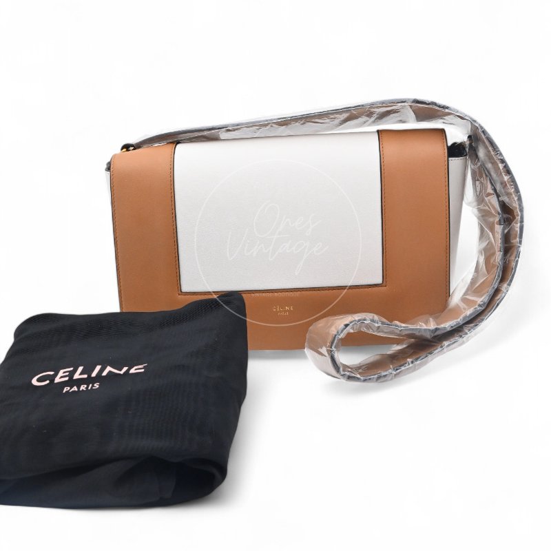 全新未使用 Celine 賽琳 中號 Frame 系列手袋 豆腐包 焦糖色 搭配光學白 簡約拼色 小牛皮材質 包-19