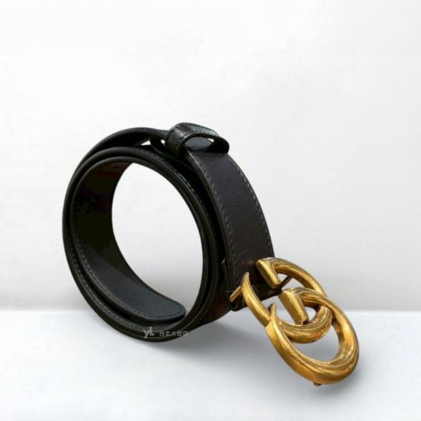 A13014-GUCCI GG Marmont黑色牛皮復古金釦皮帶/414516-2