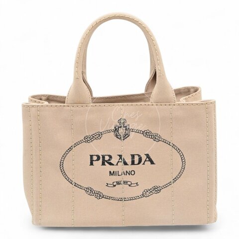 中古 Prada 普拉達 1BG439 迷你 Canapa卡納帕帆布系列 米色帆布 手提包