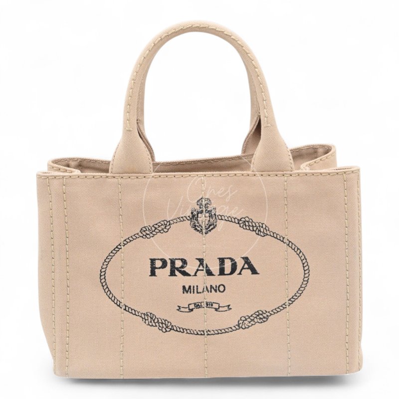 中古 Prada 普拉達 1BG439 迷你 Canapa卡納帕帆布系列 米色帆布 手提包-0