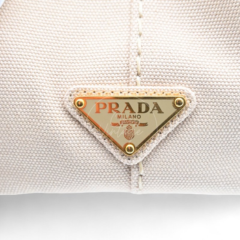 中古 Prada 普拉達 1BG439 迷你 Canapa卡納帕帆布系列 米色帆布 手提包-7