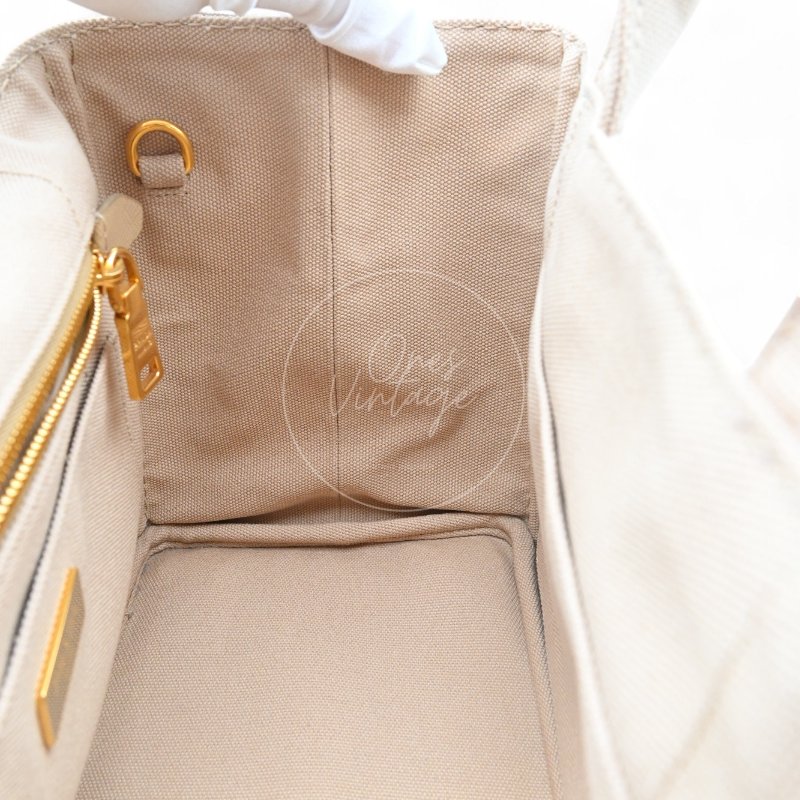 中古 Prada 普拉達 1BG439 迷你 Canapa卡納帕帆布系列 米色帆布 手提包-12