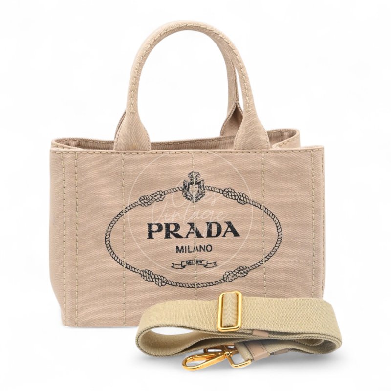 中古 Prada 普拉達 1BG439 迷你 Canapa卡納帕帆布系列 米色帆布 手提包-25