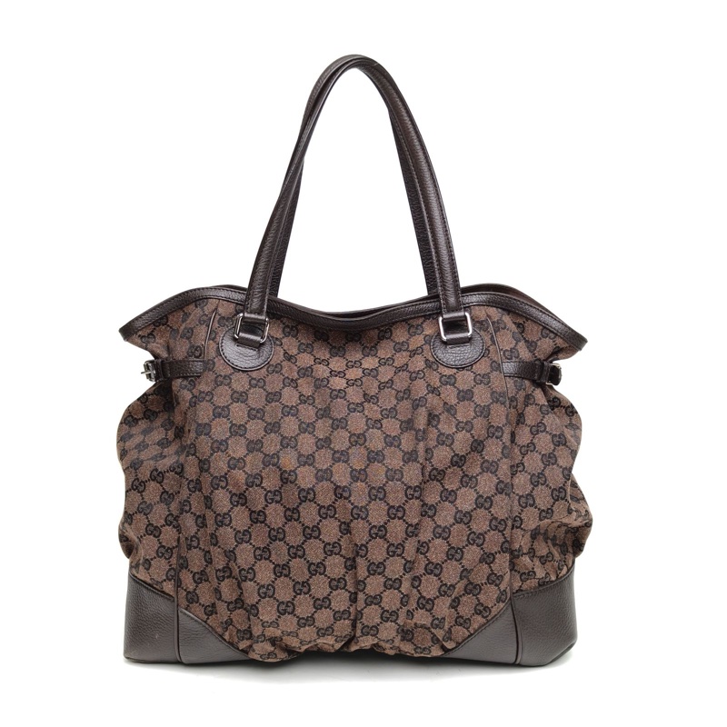 GUCCI 褐色帆布銀扣肩背包-2