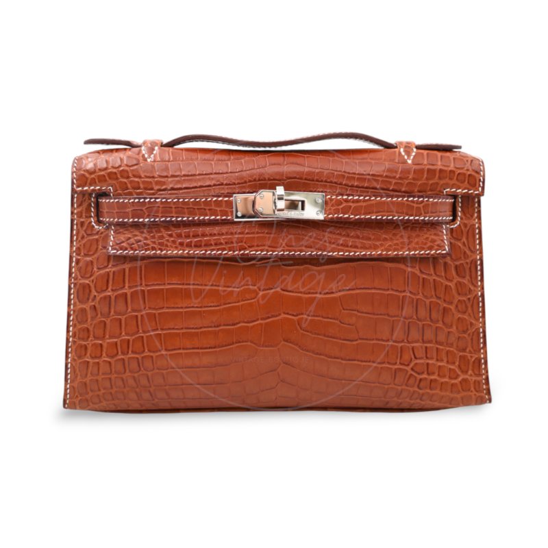 中古 Hermes 愛馬仕 Mini Kelly Pochette迷你凱莉手拿包 尼羅鱷鱷魚皮 霧面金色 鍍金五金PHW 方形的「J」刻印-1