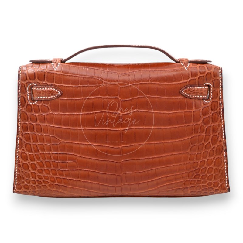 中古 Hermes 愛馬仕 Mini Kelly Pochette迷你凱莉手拿包 尼羅鱷鱷魚皮 霧面金色 鍍金五金PHW 方形的「J」刻印-2