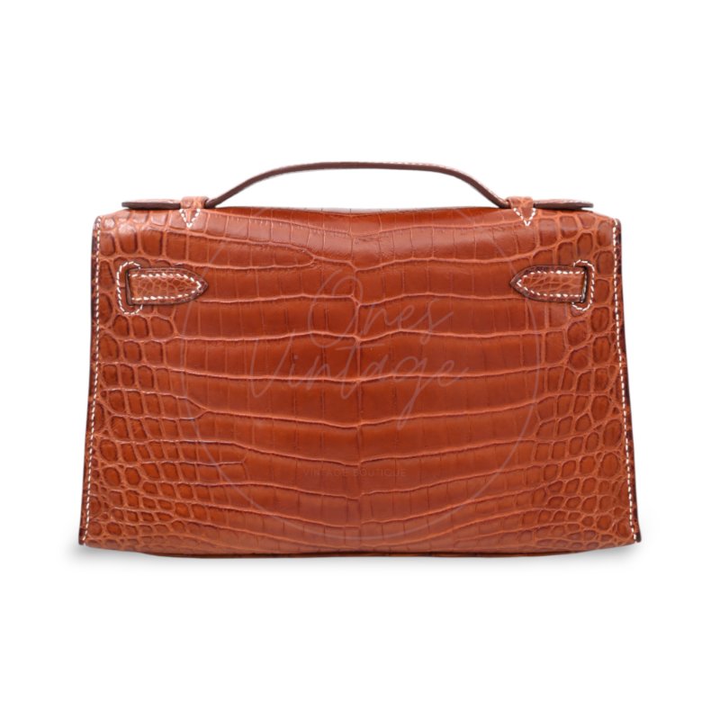 中古 Hermes 愛馬仕 Mini Kelly Pochette迷你凱莉手拿包 尼羅鱷鱷魚皮 霧面金色 鍍金五金PHW 方形的「J」刻印-3