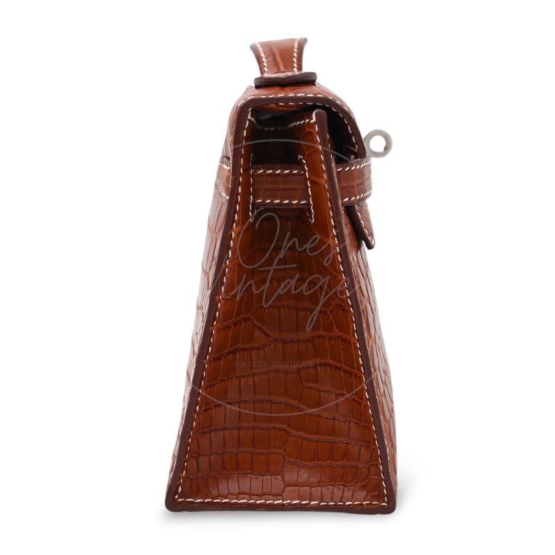 中古 Hermes 愛馬仕 Mini Kelly Pochette迷你凱莉手拿包 尼羅鱷鱷魚皮 霧面金色 鍍金五金PHW 方形的「J」刻印-4