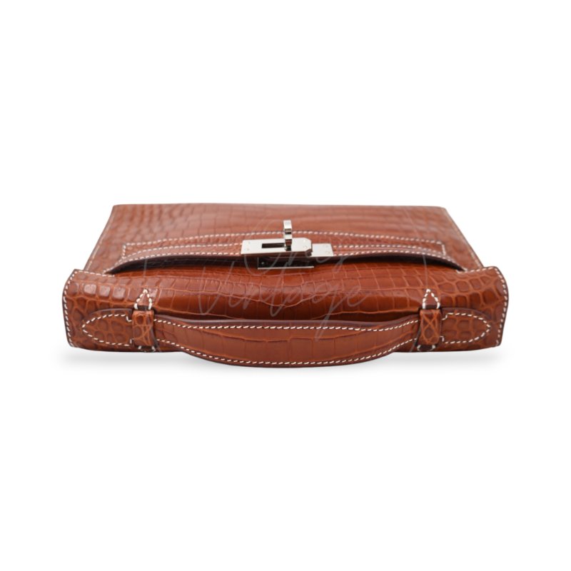 中古 Hermes 愛馬仕 Mini Kelly Pochette迷你凱莉手拿包 尼羅鱷鱷魚皮 霧面金色 鍍金五金PHW 方形的「J」刻印-6