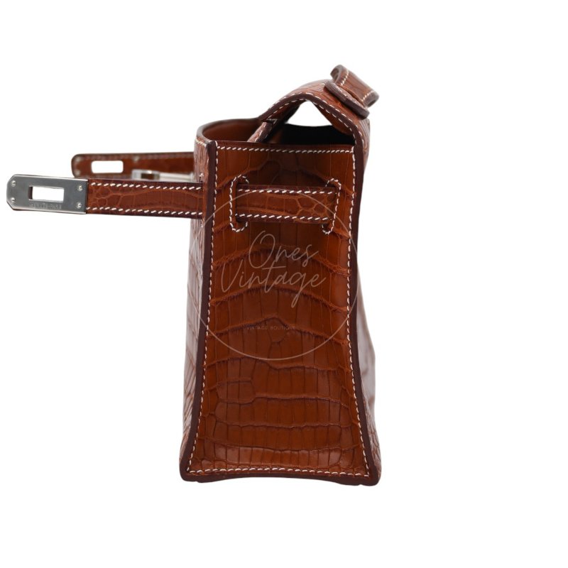 中古 Hermes 愛馬仕 Mini Kelly Pochette迷你凱莉手拿包 尼羅鱷鱷魚皮 霧面金色 鍍金五金PHW 方形的「J」刻印-15