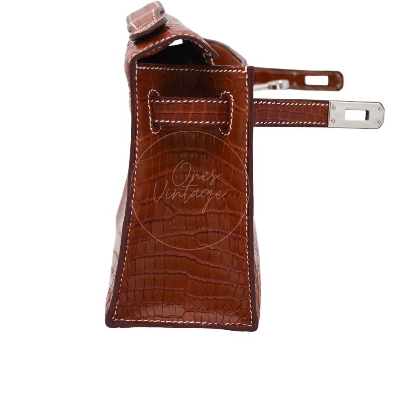 中古 Hermes 愛馬仕 Mini Kelly Pochette迷你凱莉手拿包 尼羅鱷鱷魚皮 霧面金色 鍍金五金PHW 方形的「J」刻印-16