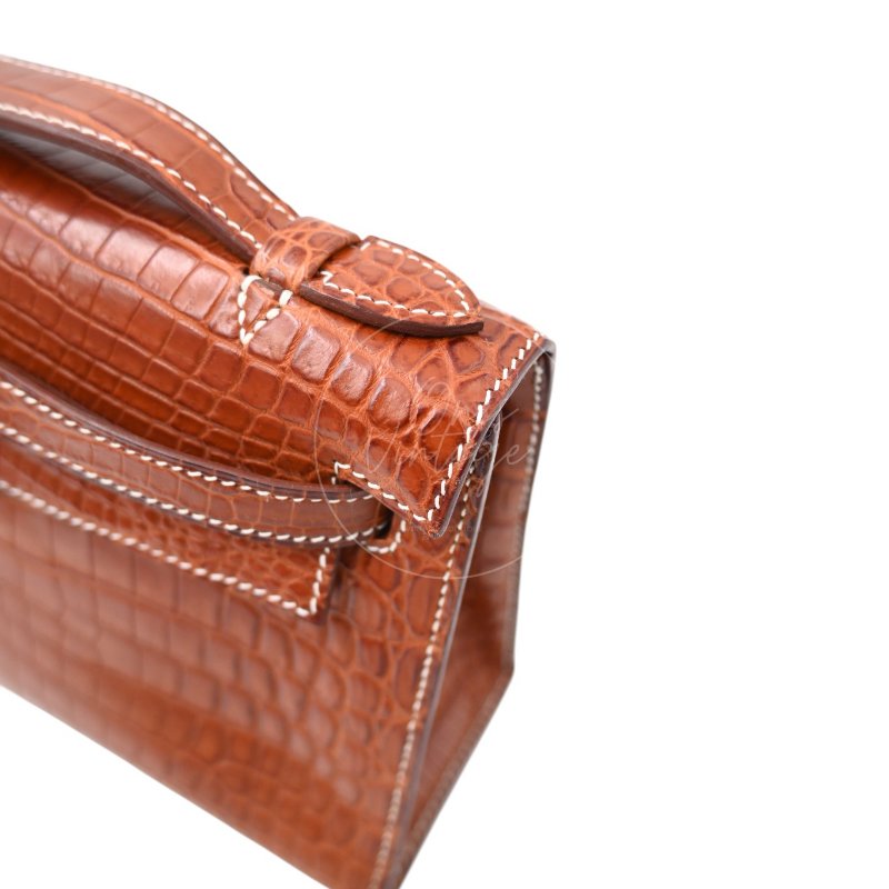 中古 Hermes 愛馬仕 Mini Kelly Pochette迷你凱莉手拿包 尼羅鱷鱷魚皮 霧面金色 鍍金五金PHW 方形的「J」刻印-17