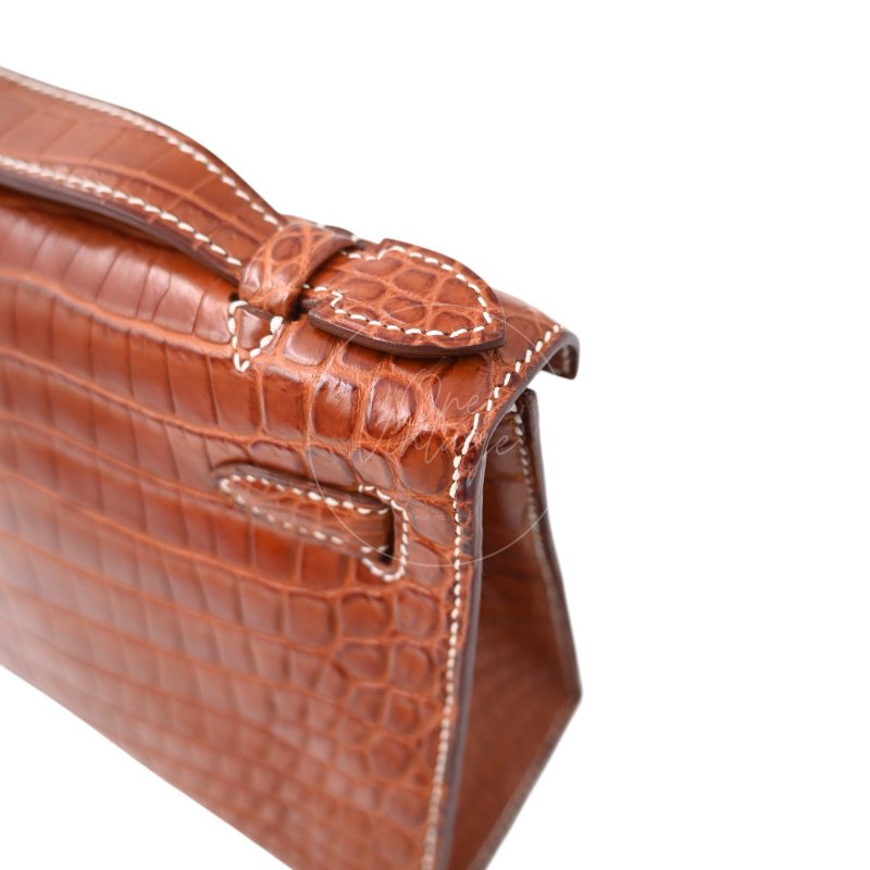 中古 Hermes 愛馬仕 Mini Kelly Pochette迷你凱莉手拿包 尼羅鱷鱷魚皮 霧面金色 鍍金五金PHW 方形的「J」刻印-19