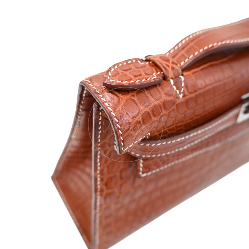 中古 Hermes 愛馬仕 Mini Kelly Pochette迷你凱莉手拿包 尼羅鱷鱷魚皮 霧面金色 鍍金五金PHW 方形的「J」刻印-20