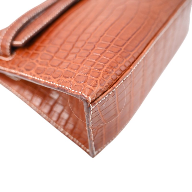 中古 Hermes 愛馬仕 Mini Kelly Pochette迷你凱莉手拿包 尼羅鱷鱷魚皮 霧面金色 鍍金五金PHW 方形的「J」刻印-22