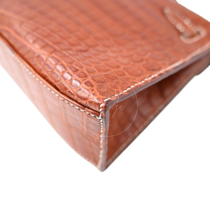 中古 Hermes 愛馬仕 Mini Kelly Pochette迷你凱莉手拿包 尼羅鱷鱷魚皮 霧面金色 鍍金五金PHW 方形的「J」刻印-23