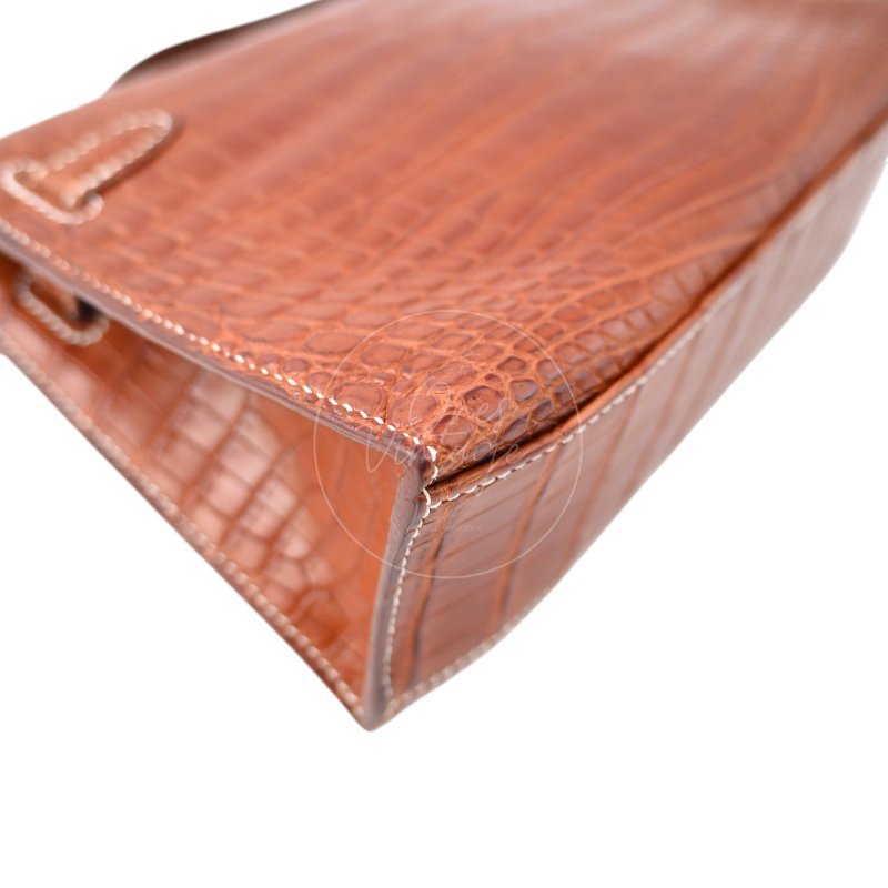 中古 Hermes 愛馬仕 Mini Kelly Pochette迷你凱莉手拿包 尼羅鱷鱷魚皮 霧面金色 鍍金五金PHW 方形的「J」刻印-24