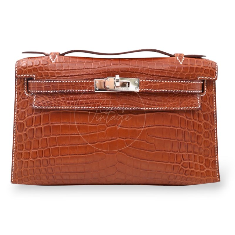 中古 Hermes 愛馬仕 Mini Kelly Pochette迷你凱莉手拿包 尼羅鱷鱷魚皮 霧面金色 鍍金五金PHW 方形的「J」刻印-28