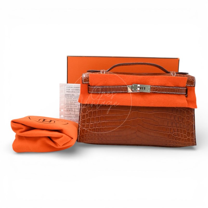 中古 Hermes 愛馬仕 Mini Kelly Pochette迷你凱莉手拿包 尼羅鱷鱷魚皮 霧面金色 鍍金五金PHW 方形的「J」刻印-29