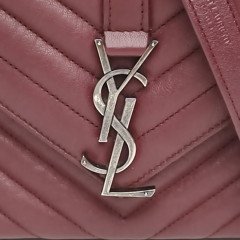 SAINT LAURENT College郵差包中號酒紅色羊皮銀扣肩背包-3