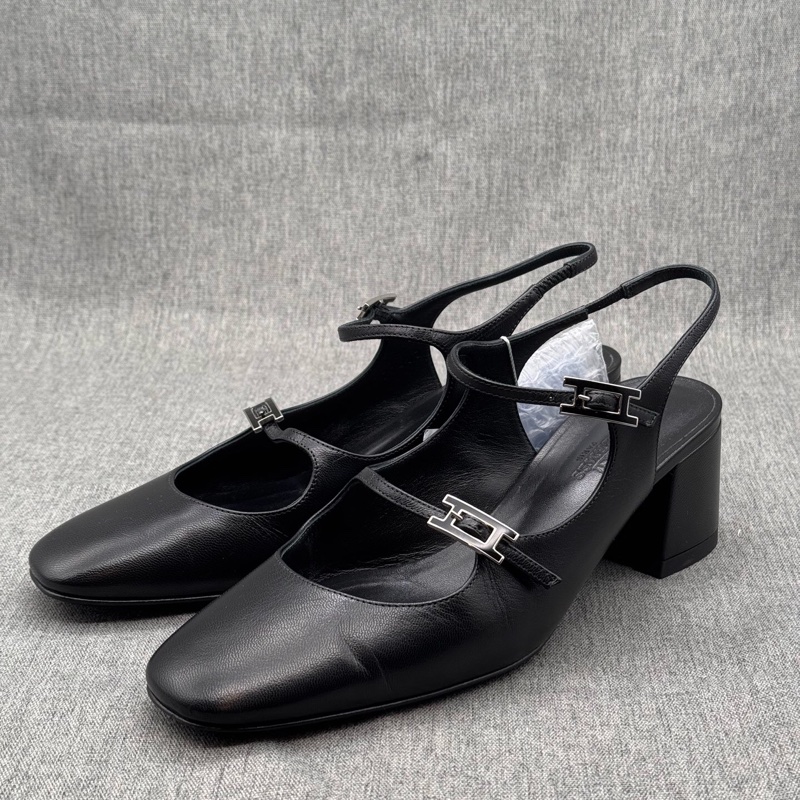 Hermes 愛馬仕 女鞋 瑪麗珍鞋 H扣 復古黑色皮鞋 高跟 粗跟涼鞋 38碼-1